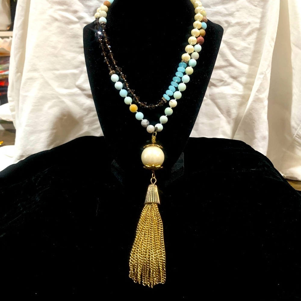 Vintage multi-colored beaded tassel necklace with large pearl